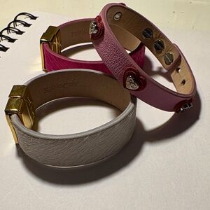 Rustic Cuff Pink and White Leather Bracelet Set with Gold Accents